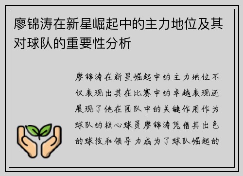 廖锦涛在新星崛起中的主力地位及其对球队的重要性分析