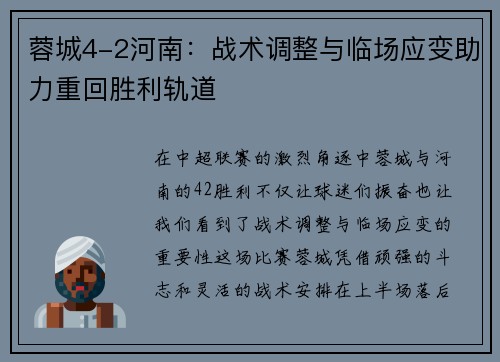 蓉城4-2河南：战术调整与临场应变助力重回胜利轨道